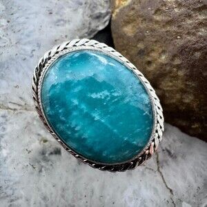 Sterling Silver Southwestern Style Oval Amazonite Decorated Ring 7.75 For Women